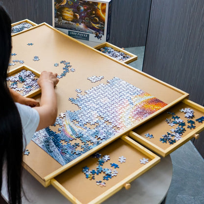 Wood-Look Puzzle Board with Six Sorting Drawers, 35.3 x 26.7-Inch Surface and 1500-Piece Label