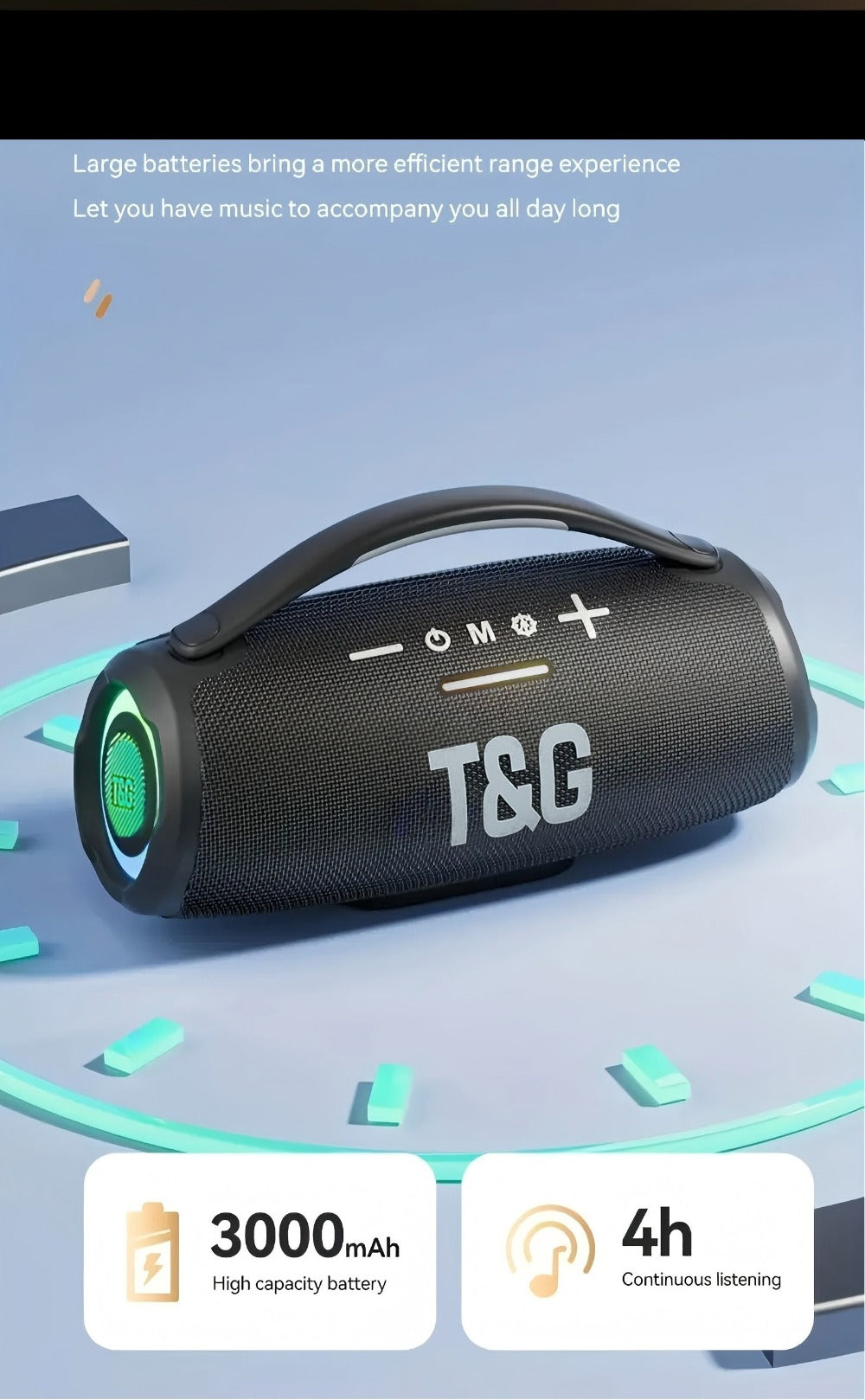 Portable Bluetooth Speaker TG418 with 3000mAh Battery, EQ, LED Lights, Type-C, TF, USB and AUX