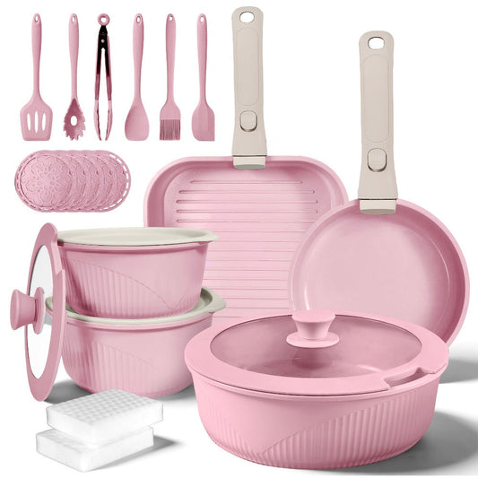 Nonstick Cookware Set 5/7/24 Piece Induction Ready with Detachable Handles – Stackable Pots & Pans Set Includes Skillet Frying Pan Soup Pot Steak Pan for Home RV Kitchen, Multiple Colors