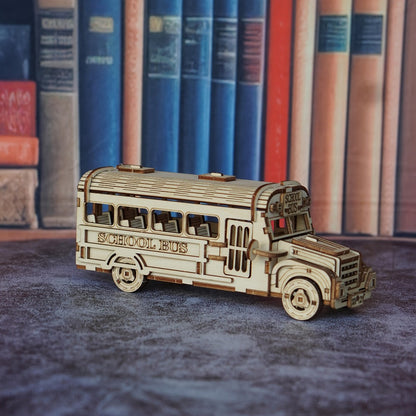 Wooden School Bus Model Kit with Laser-Cut Panels, Rolling Wheels and 20.5 cm Display Length