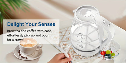 Glass Electric Kettle 1200W Fast Boiling – 57.48oz Tea Kettle with LED Indicator, Auto Shut-Off & Boil-Dry Protection, Elegant Transparent Design for Kitchen, Office & Camping