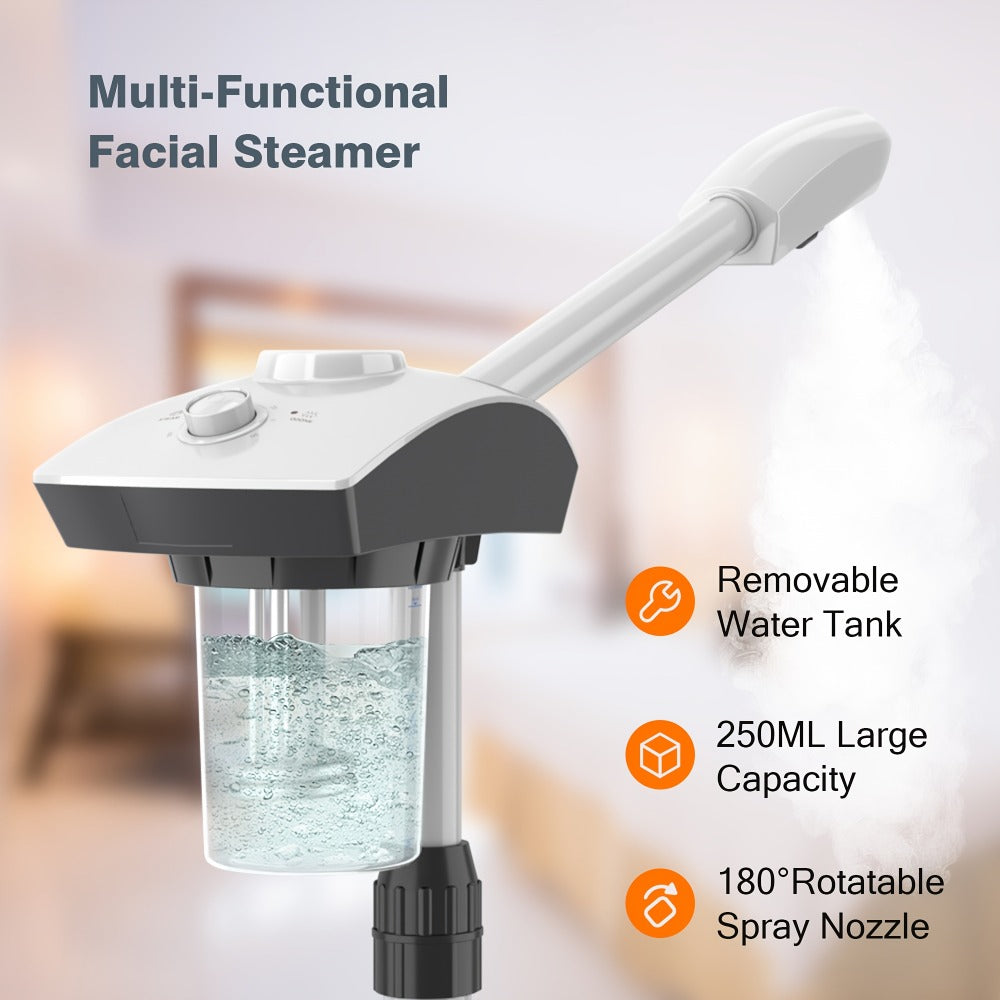 Rolling Facial Steamer with White Five-Wheel Stand, Removable 250 ml Tank and Preset Timer Controls