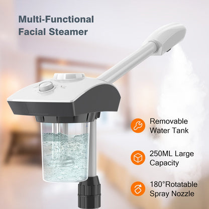 Rolling Facial Steamer with White Five-Wheel Stand, Removable 250 ml Tank and Preset Timer Controls