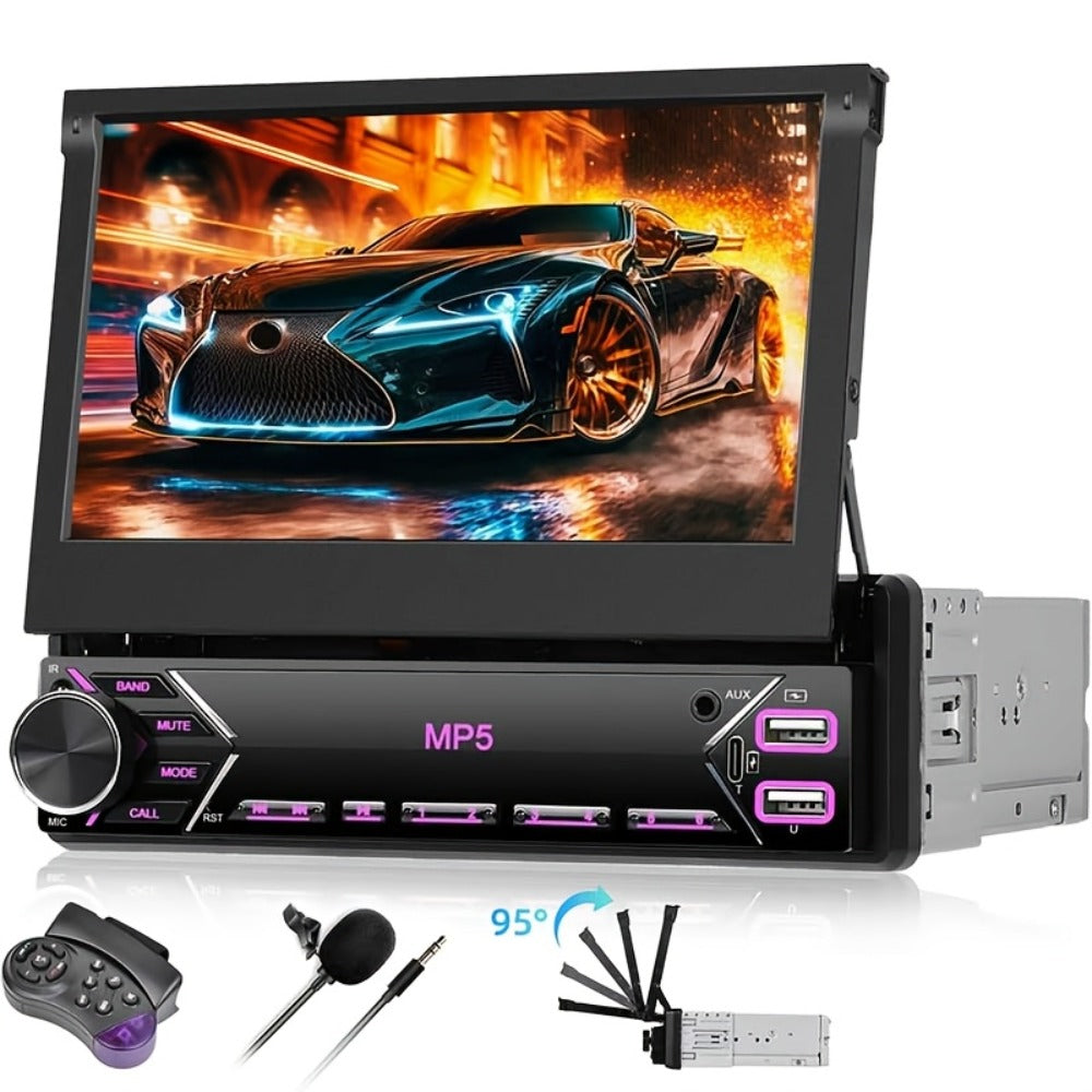 Single Din Car Stereo 7 Inch Flip Out Touchscreen - Wireless CarPlay & Android Auto, 1080P HD, FM Radio, SWC, Voice Control, USB/Type-C/AUX, Backup Camera Compatible