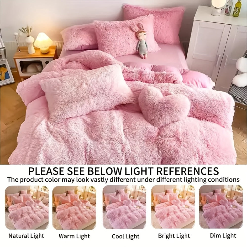 Plush Faux Fur Duvet Cover Set with Heart Pillow, Corner Ties and Twin, Queen or King Sizes in Eight Colors