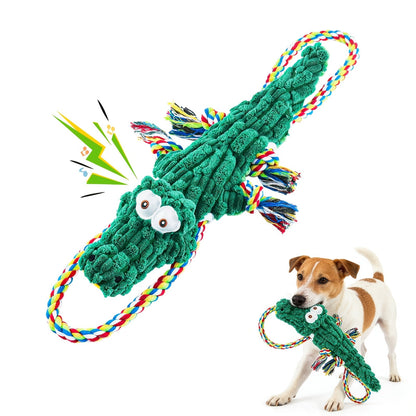 Dog Toy Green Crocodile Rope Tug with Cotton Canvas Body, Knotted Ends and Built-In Squeaker