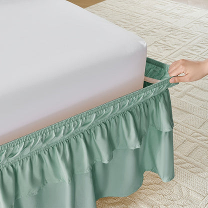 Double Ruffle Bed Skirt 16" Drop | Elastic Wrap Around Dust Ruffle for Twin Full Queen King Bed | Easy Install Machine Washable Soft Linen Poly Blend Bedskirt