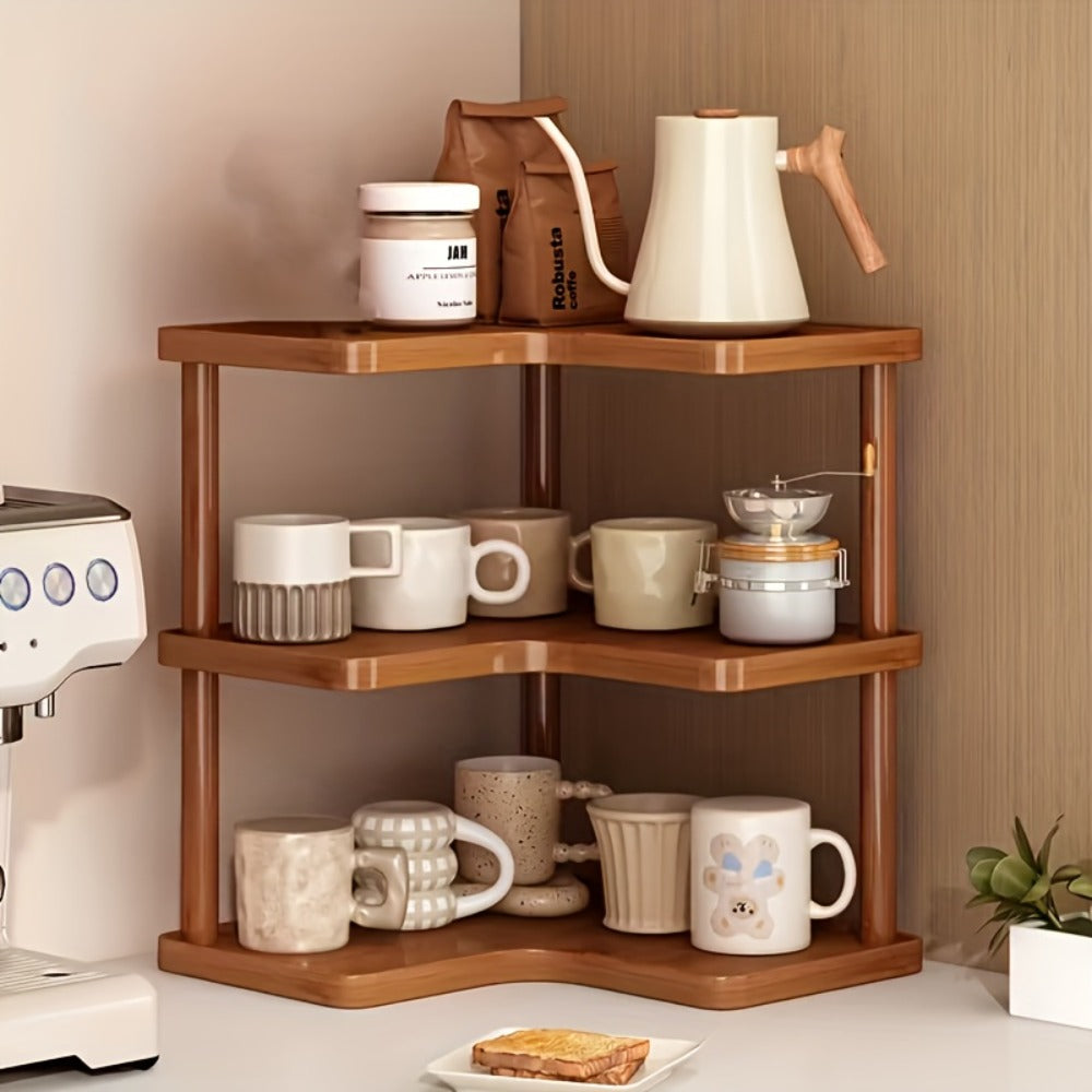 Corner Shelf Kitchen Organizer 3-Tier Brown Triangular Countertop Rack for Coffee Station Accessories