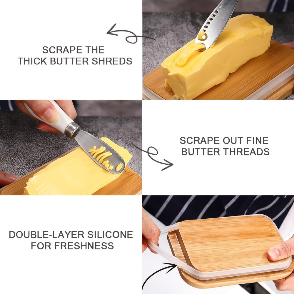 Black, Grey or Green Metal Butter Dish with Bamboo Lid, White-Handle Knife and 15.6 x 10.9 x 6 cm Size