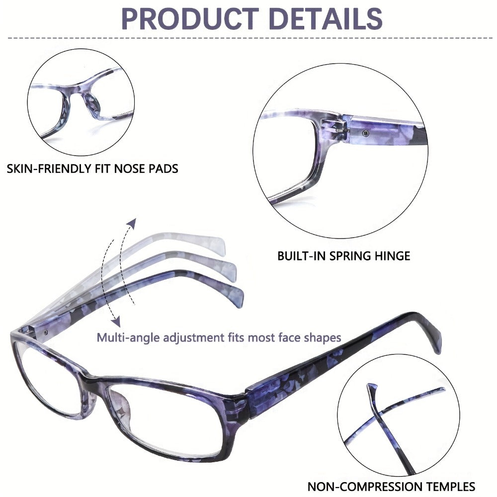 Reading Glasses – Five-Pair Rectangular Blue-Light Lens Set with Spring Hinges and Mixed Colors