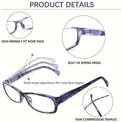 Reading Glasses – Five-Pair Rectangular Blue-Light Lens Set with Spring Hinges and Mixed Colors