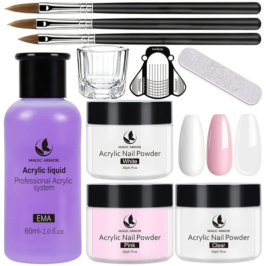 Acrylic Nail Kit with Clear Pink White Powders, Liquid Monomer, Four Brushes, Forms and Mixing Dish