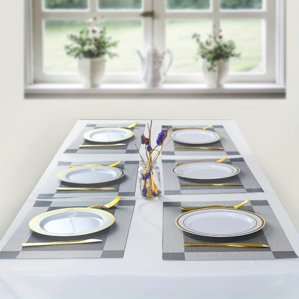 Six-Piece PVC Placemats in Gold, Brown or Silver, Each 11.8 x 17.7 Inches for Dining Tables