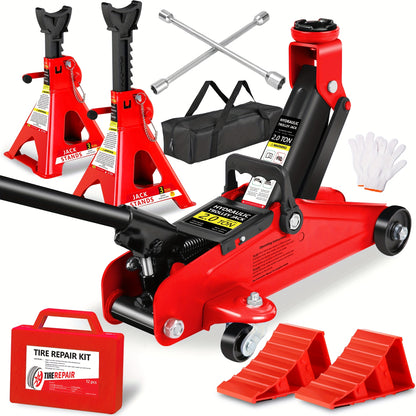 Hydraulic Floor Jack Kit 2/2.5/3 Ton Low Profile Trolley Jack with Jack Stands, Tire Repair Kit, Wheel Wrench & Wheel Chock Combo - Red/Blue