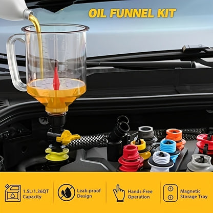 Engine Oil Funnel Kit 19Pcs – No-Spill Coolant Funnel Set with 12 Universal Adapters, 1.5L Capacity, Magnetic Tray for Oil Change Car Maintenance