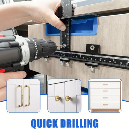 Adjustable Cabinet Hardware Drilling Jig with Aluminum Guide, Metric Scale and Handle-Pull Template Parts