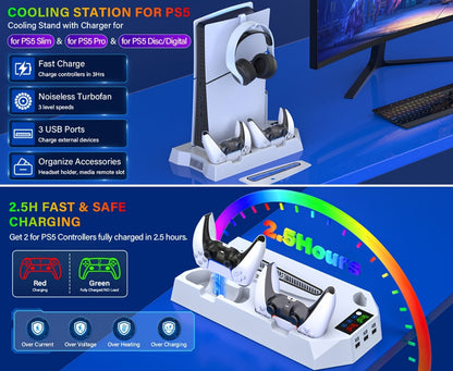 Five-in-One Console Stand Compatible with PS5 Models, Dual Controller Dock, Fan, USB Hub and Headset Holder