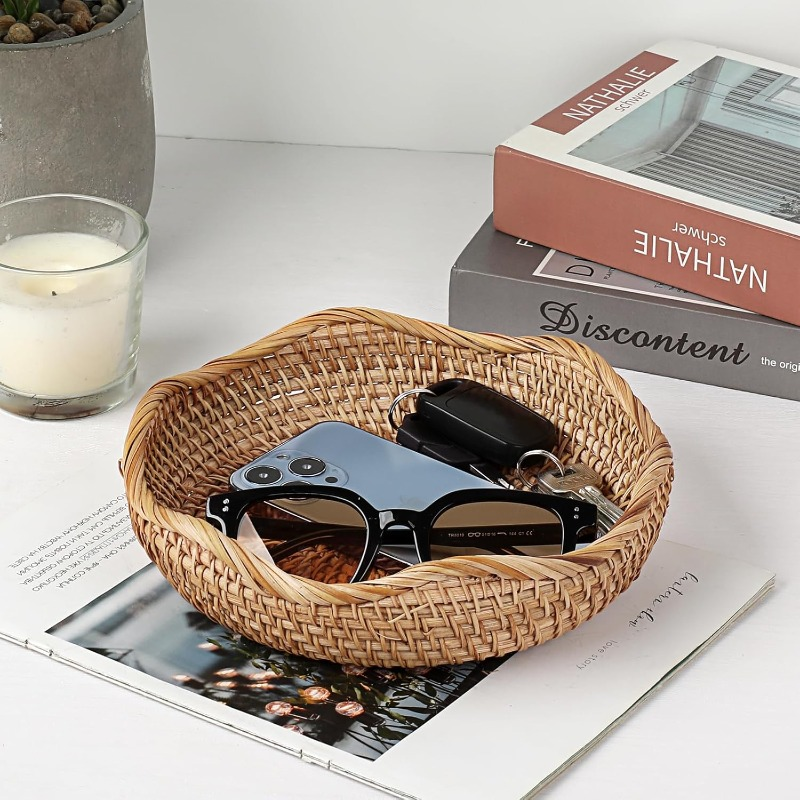 Round Woven-Look Decorative Tray with Raised Rim and Displayed 8.5-Inch Diameter in Natural Color