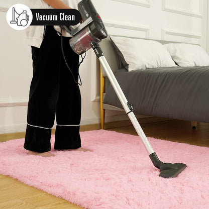 Area Rug Pink Soft Shaggy Design in Four Sizes with Placement Stickers for Bedroom or Dorm