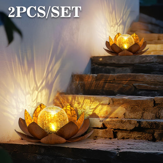 Solar Lotus Cracked Glass Ball Garden Lamp 2pcs – Waterproof Metal Cracked Ball Solar Light for Outdoor & Indoor Decoration | Garden, Balcony, Dining Table & Living Room Decor | Father’s Day Gift