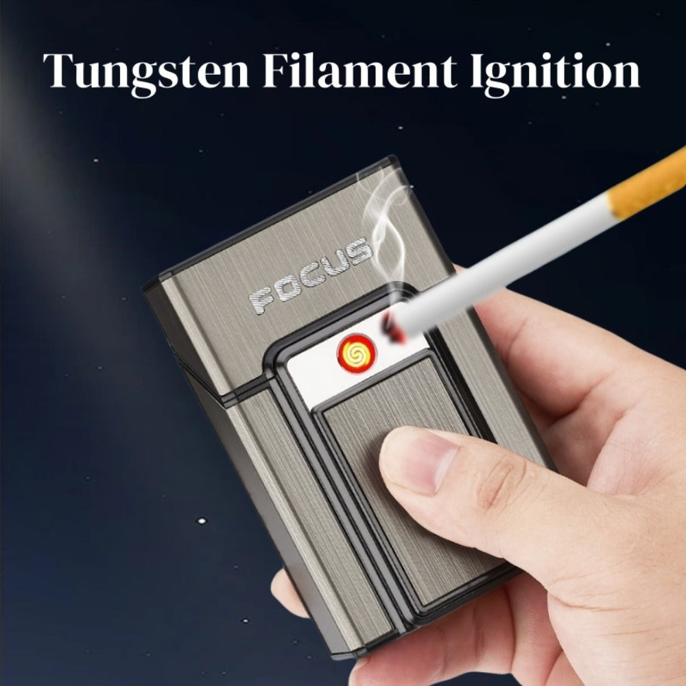 Black Pop-Up Cigarette Case with Integrated USB-Rechargeable Electric Lighter and Sliding Cover