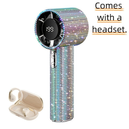 Rhinestone Handheld Fan with USB-C Charging, Digital Display, 199 Levels and Optional Beige Headset
