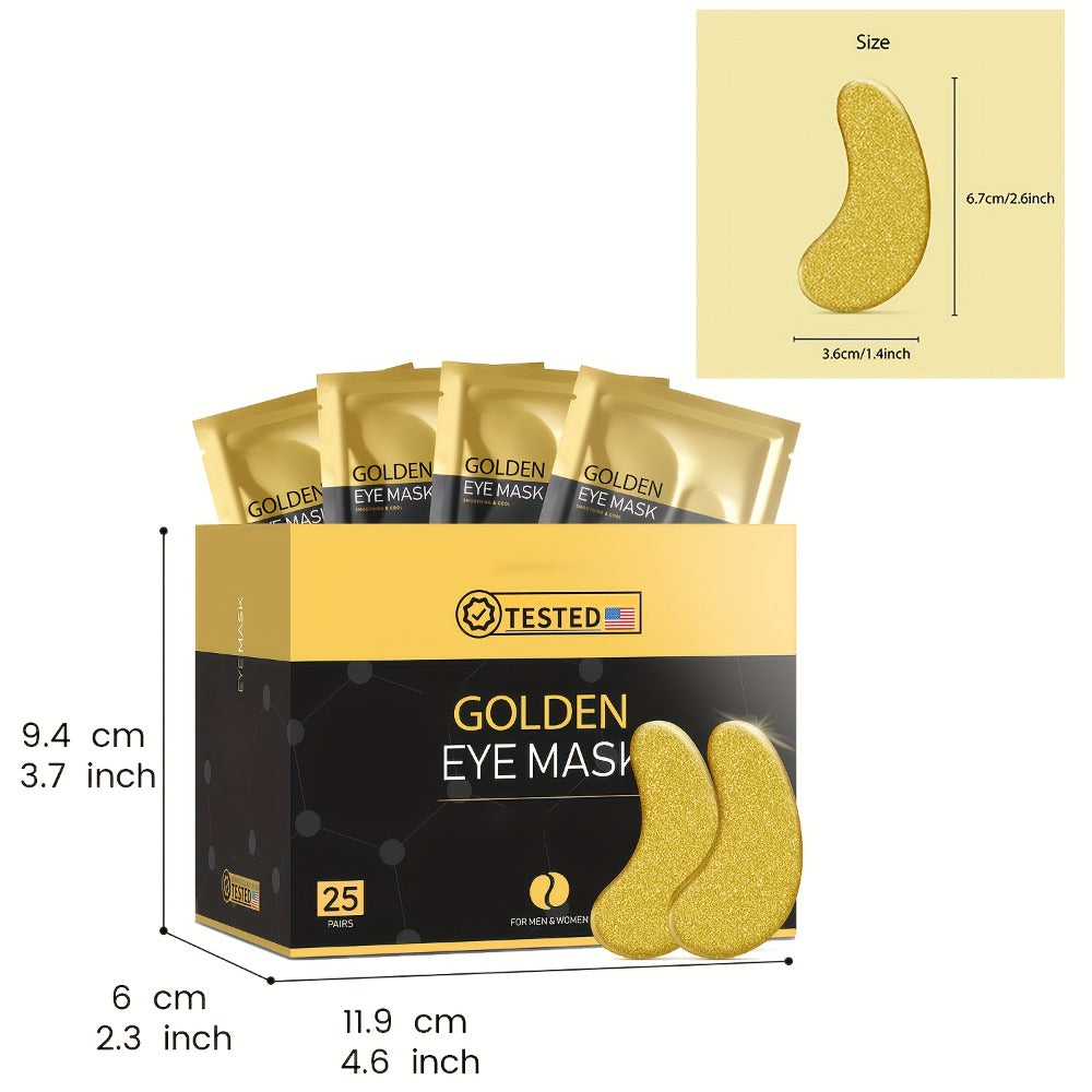 Golden Under-Eye Mask Set with 25 Pairs of Individually Packed Gold Gel Patches in a Black-and-Gold Box