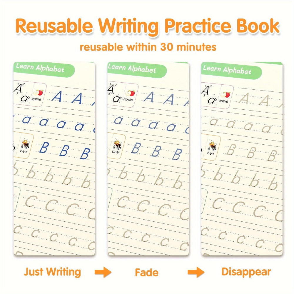 Magic Grooved Handwriting Practice Book for Kids Ages 3-8 — Reusable 5-in-1 Tracing Workbook for Letters Numbers Drawing Math, 3D Groove Pen Control Training with Grip Aids, 10.2×7.3 In
