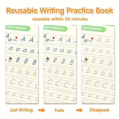 Magic Grooved Handwriting Practice Book for Kids Ages 3-8 — Reusable 5-in-1 Tracing Workbook for Letters Numbers Drawing Math, 3D Groove Pen Control Training with Grip Aids, 10.2×7.3 In