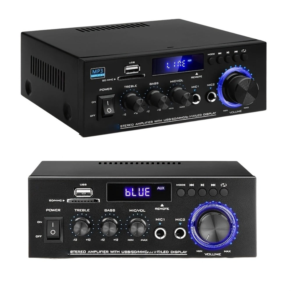 AK45 Two-Channel Bluetooth Home Audio Amplifier with FM, Karaoke Inputs, USB, MMC and SD Card Playback Options
