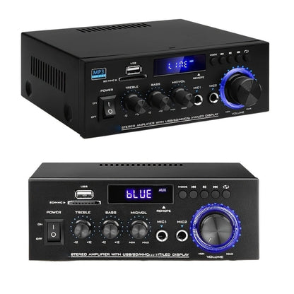 AK45 Two-Channel Bluetooth Home Audio Amplifier with FM, Karaoke Inputs, USB, MMC and SD Card Playback Options