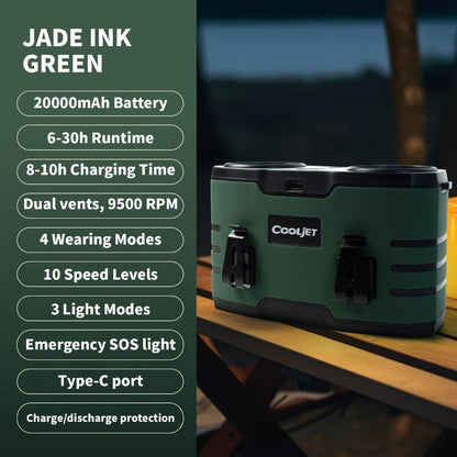 Wearable Waist Fan with 20000mAh Battery, Dual Vents, 10 Settings, Display and Two Color Options