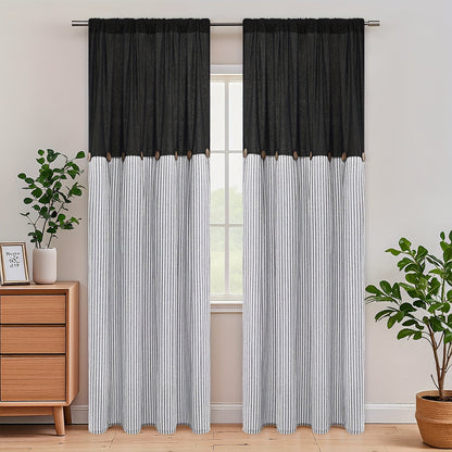 Striped Patchwork Window Curtain Set with Rod-Pocket Top, Six Colors and Five Panel-Count or Size Options
