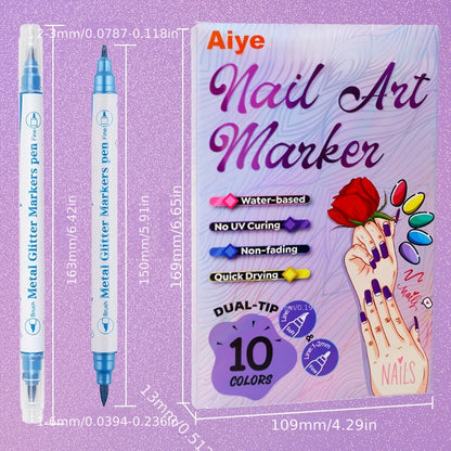 3D Nail Art Pens 10 Colors Double Ended Metallic Acrylic Paint Set – Quick Dry Fine Liner & Dotting Tip Graffiti Drawing Nail Marker for Salon & DIY Home Nail Design, Raised Effect
