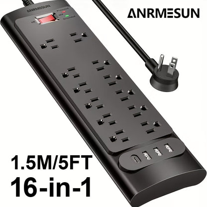 Spacious Outlet Gaming Power Strip 16-in-1 with Control Switch, 12 Wide-Spaced AC Outlets & 4 USB Ports (1 USB-C), Surge Protector, 5ft Extension Cord for TV Monitor Gaming Setup Home Office – Sleek Design