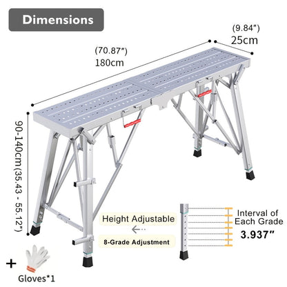 Adjustable Folding Scaffolding Work Platform, Portable Drywall Bench Step Ladder with Anti-Slip Feet & Safety Lock