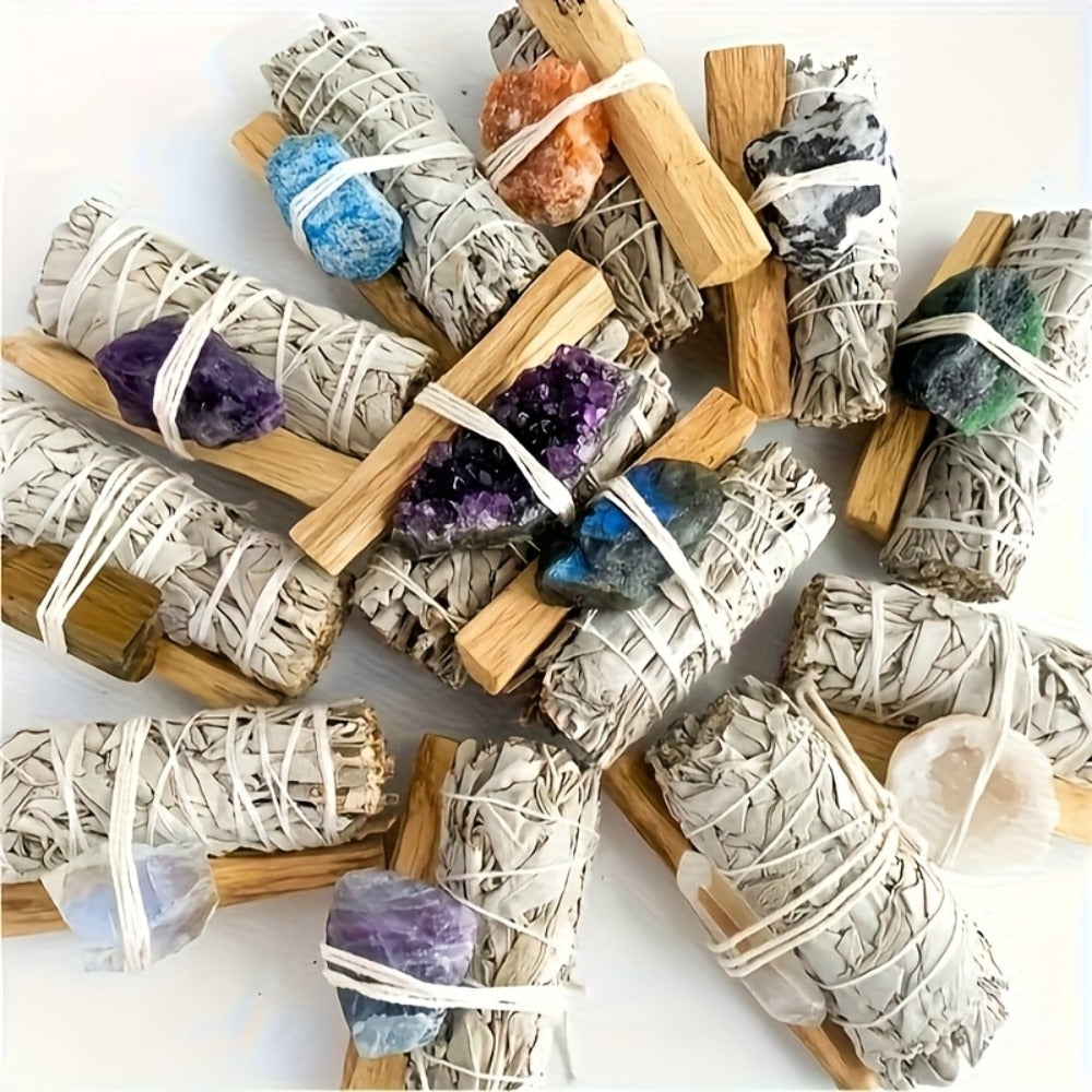 Natural White Sage and Random Crystal Decor Set for Meditation Spaces, Displays and Seasonal Gifts