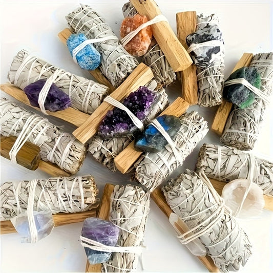 Natural Crystal White Sage Smudge Set for Space Cleansing Home Rituals Meditation Decor Teacher Appreciation Easter Gift Random Crystal