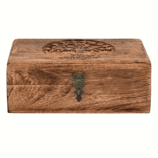 Jewelry Box, Handcrafted Paulownia Wood Keepsake Chest with Carved Tree-of-Life and Floral Motifs