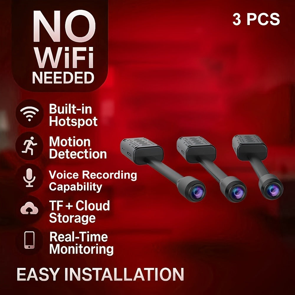 No WiFi Security Camera 3 Pack with Built-In Hotspot, 1080P Motion Detection, Audio Recording, Cloud & SD Card Storage