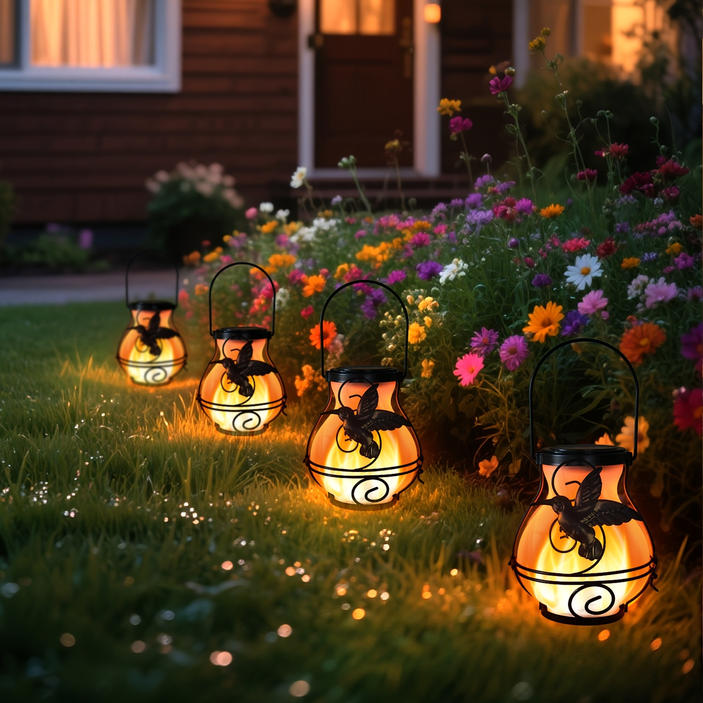 Solar Outdoor Lights Hummingbird Flickering Flame Hanging Lanterns, IP44, 2- or 4-Pack for Yard Decor