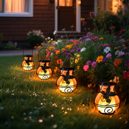Solar Outdoor Lights Hummingbird Flickering Flame Hanging Lanterns, IP44, 2- or 4-Pack for Yard Decor