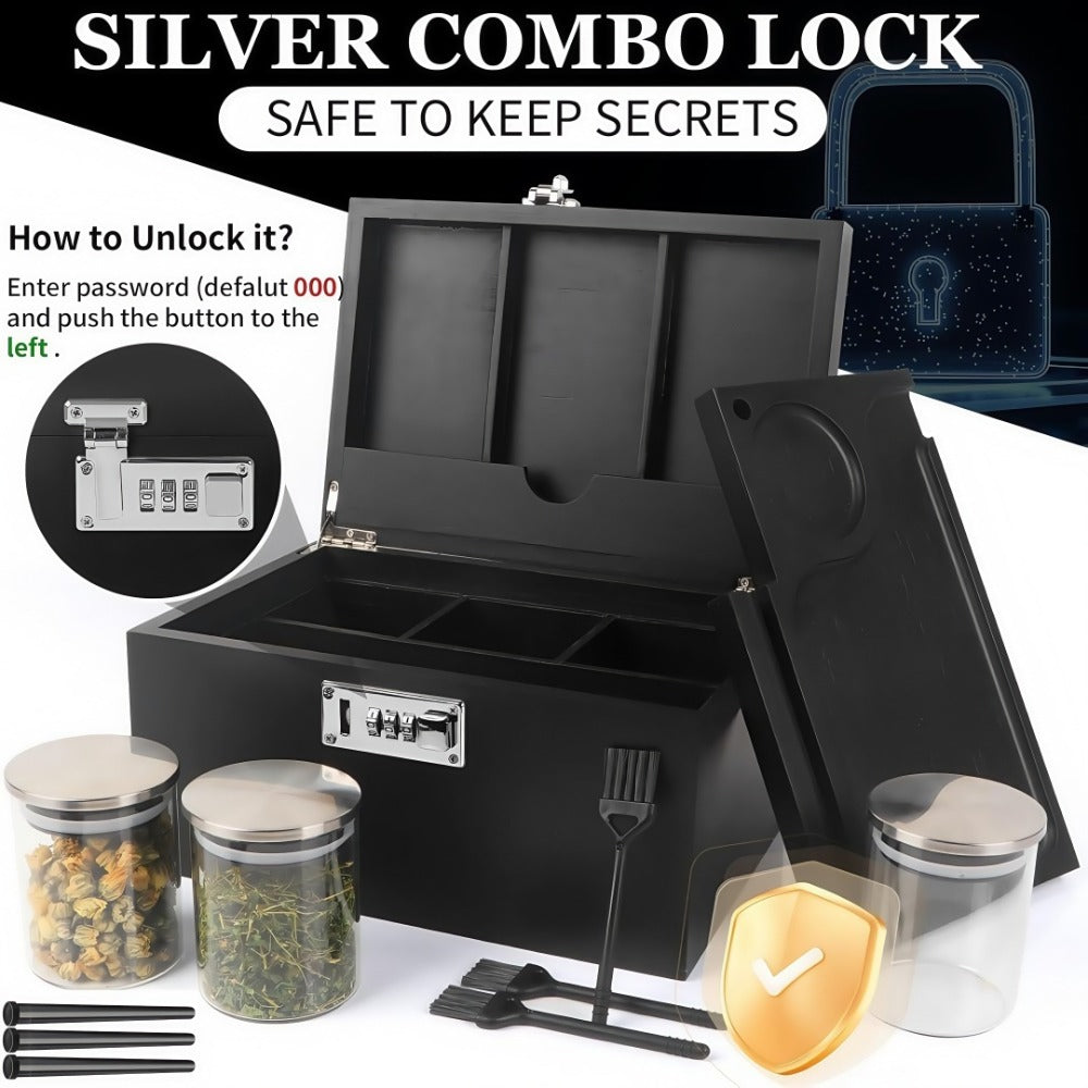 Locking Compartment Storage Box with Sliding Tray, Three Jars, Three Tubes and Cleaning Brushes