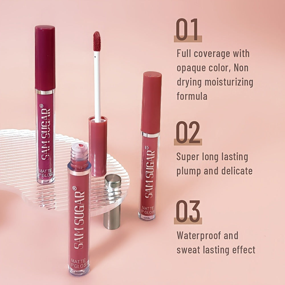 Lip Gloss Set by SAM SUGAR with 12 Matte Liquid Lip Colors, Numbered Shades and Presentation Box