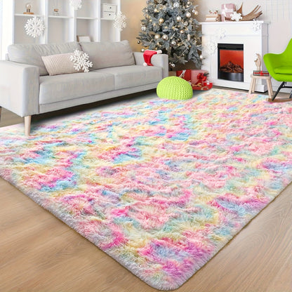 Shaggy Area Rug Soft Plush Fuzzy Carpet Non-Slip Tie-Dye Design for Bedroom Living Room Nursery Dorm — Pet Friendly Machine Washable Multiple Sizes & Colors