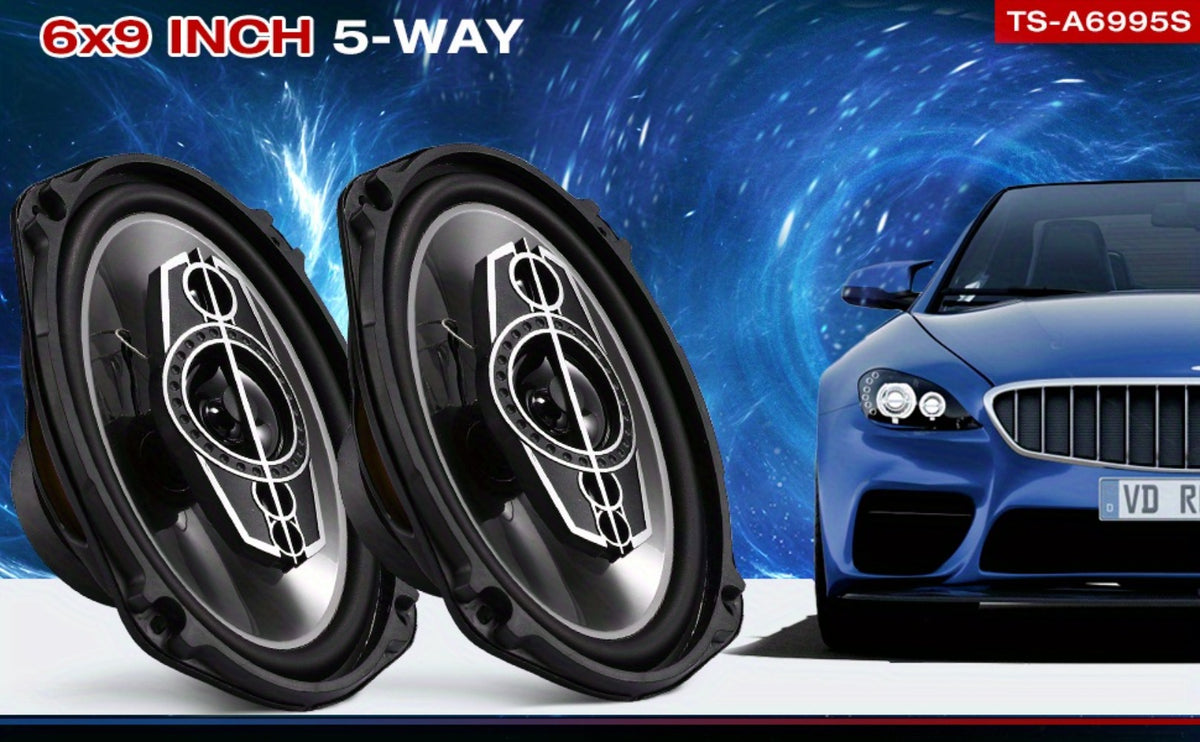 Pair of 6 x 9 Inch Five-Way Coaxial Car Speakers Labeled 1000W Peak, 120W RMS and 4 Ohms with Grilles