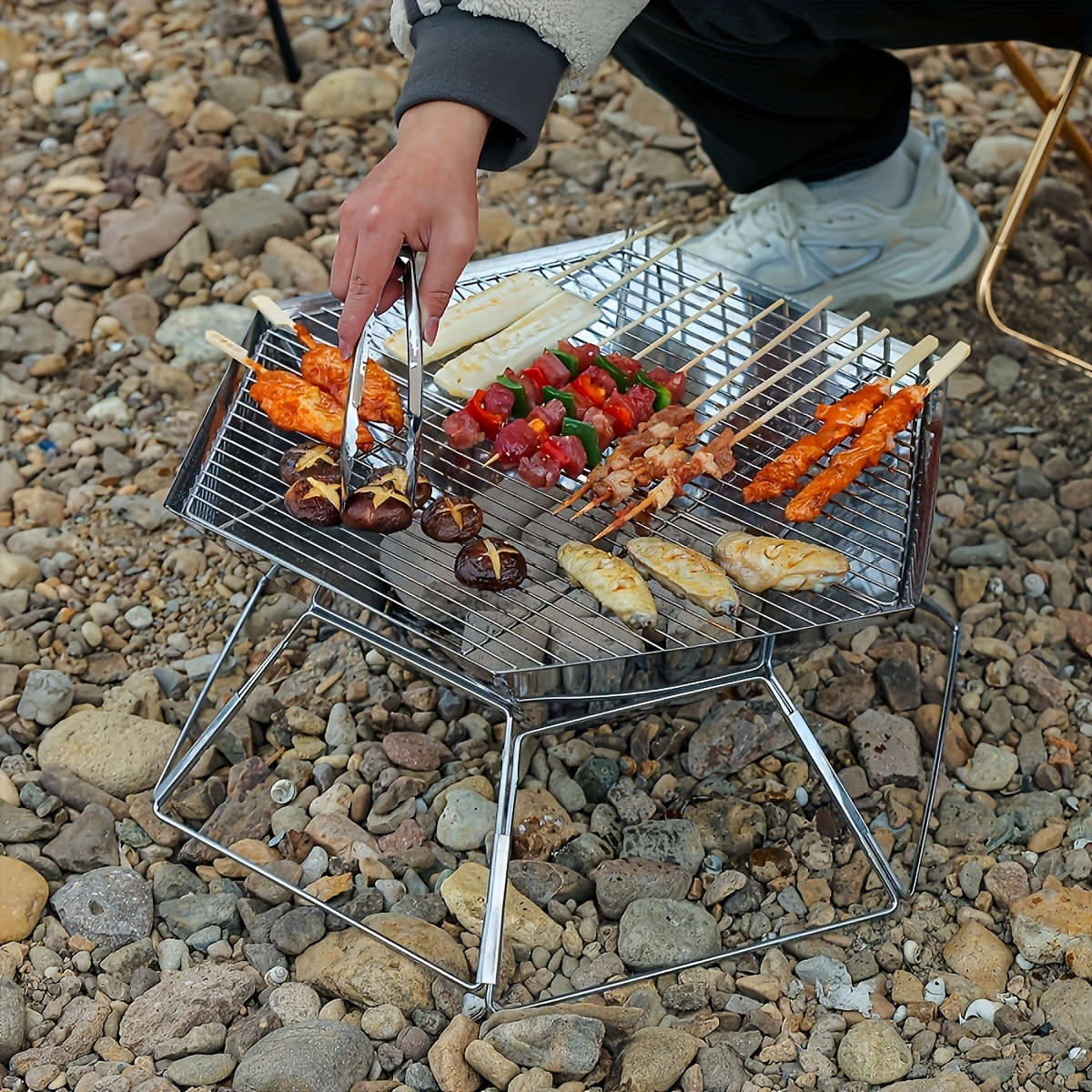 Hexagonal Folding Charcoal Grill with Stainless-Steel-Color Frame, Open Grid and Carry Bag for Outdoor Use