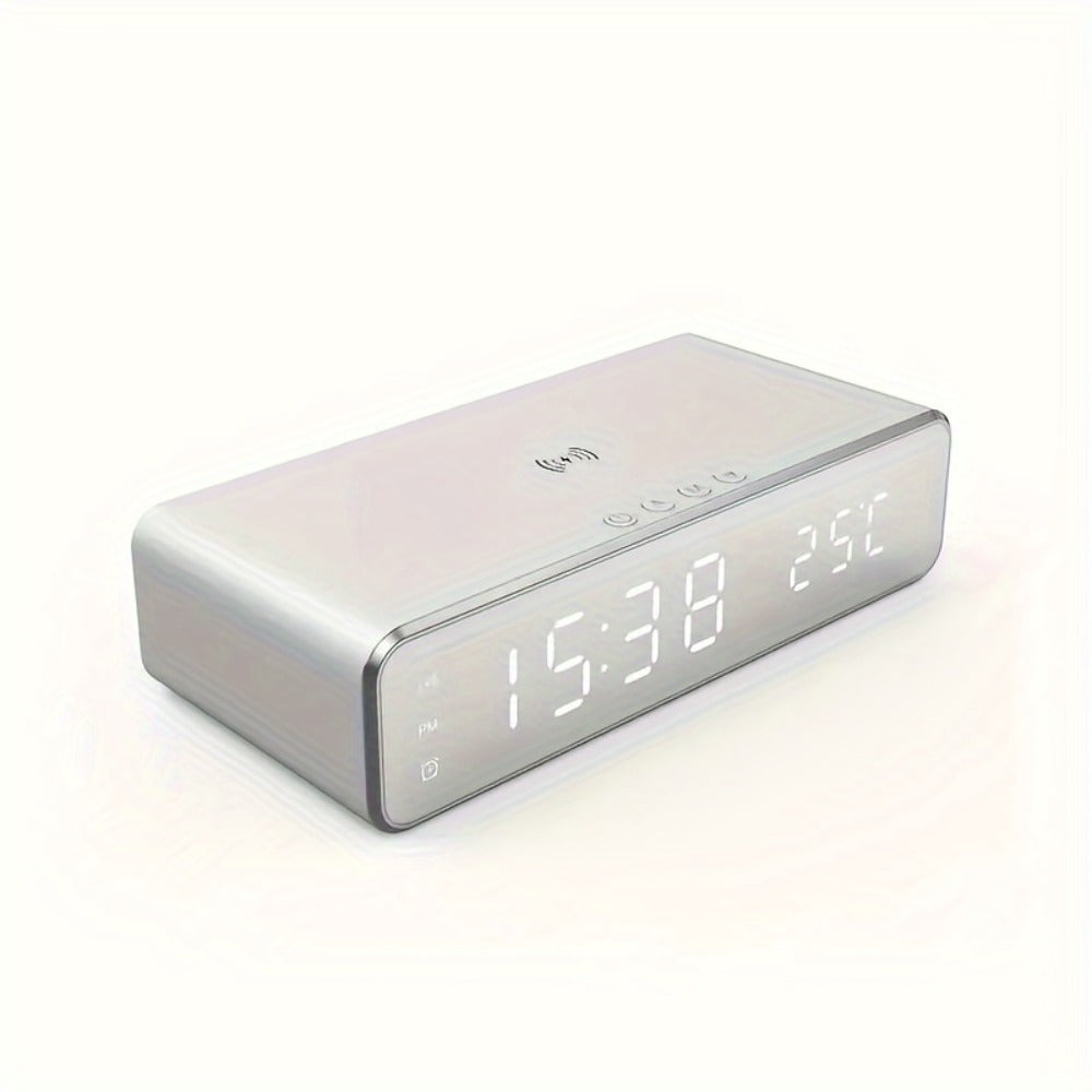 Wireless Charging Alarm Clock with Black or Silver-Tone Housing, Digital Time Display and Top Charging Surface
