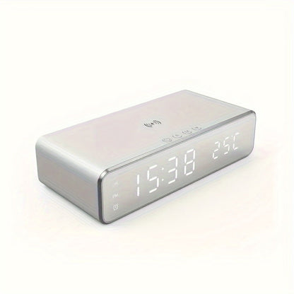 Wireless Charging Alarm Clock with Black or Silver-Tone Housing, Digital Time Display and Top Charging Surface