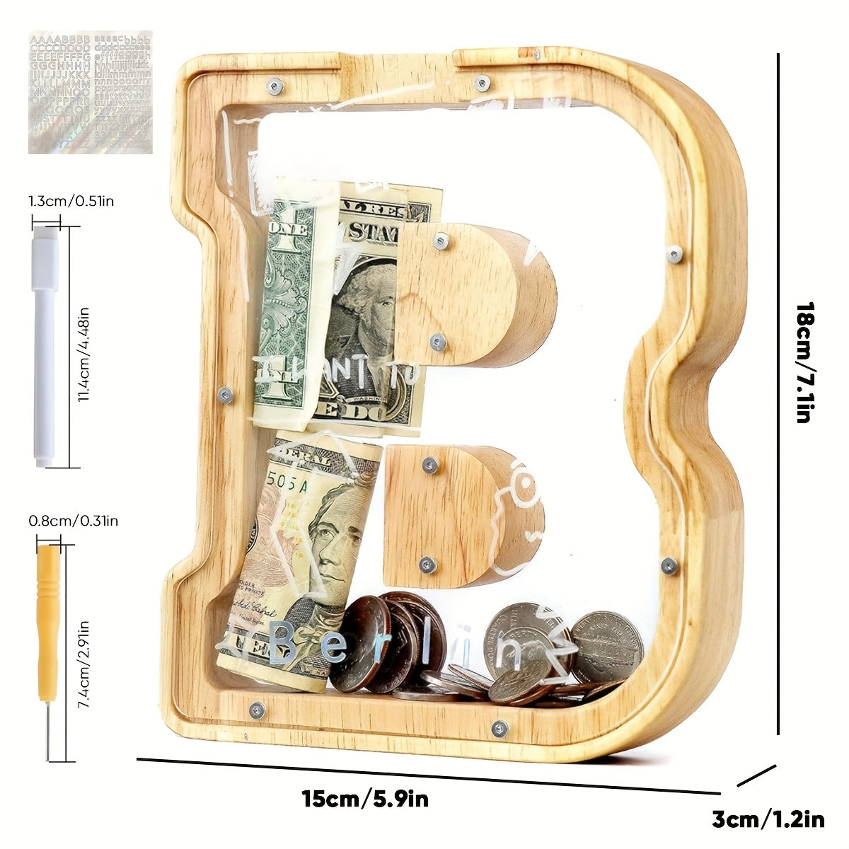 Alphabet Wooden Money Bank with Clear Front Panel, Coin Slot and A-to-Z Letter Options for Adults